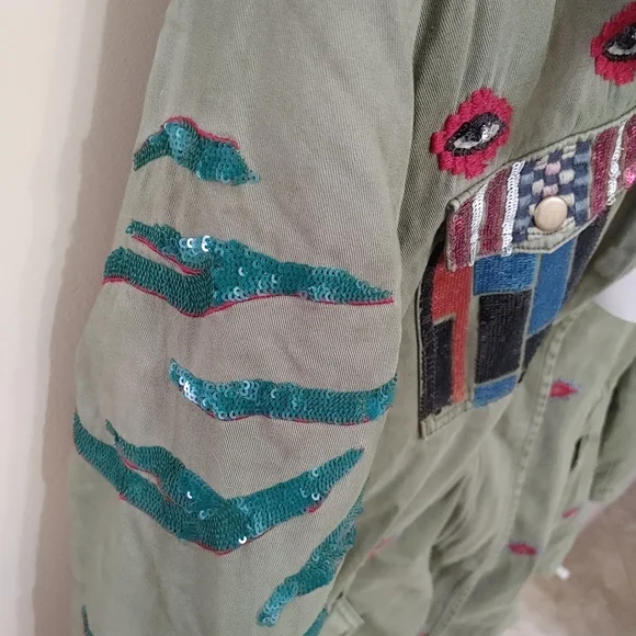 NWT Desigual Sequin Embroidered Military Hooded Jacket 2 in 1 Size 38 Small - Picture 5 of 8